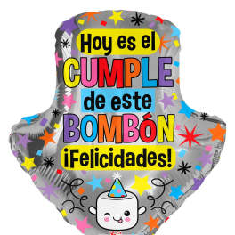 Heart-shaped birthday balloon with Spanish text and confetti graphics