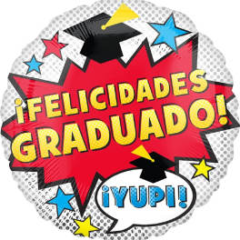 Round graduation balloon with Spanish congratulatory text and stars