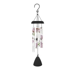 Black metal wind chime with floral printed tubes and a clapper
