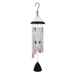 Black hanging wind chime with printed floral tubes and a clapper