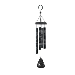 Black hanging wind chime with four tubes and a teardrop-shaped pendant