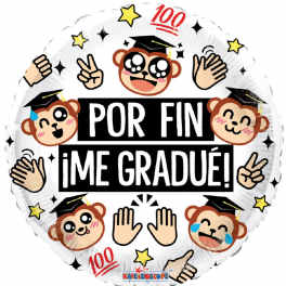 Round graduation balloon with cartoon monkeys and Spanish text