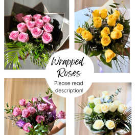 Collage of wrapped rose bouquets in pink, yellow, and white