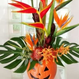 Tropical flower arrangement in a jack-o'-lantern container