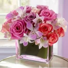 Pink and red roses with white orchids in a glass vase