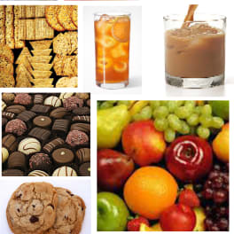 Collage of assorted snacks and drinks including crackers, dips, fruit, chocolates, cookies, and iced beverages