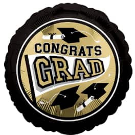 Round black and gold graduation balloon with "Congrats Grad" text