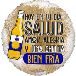 Round foil balloon with a beer bottle graphic and Spanish text