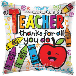 Teacher appreciation balloon with colorful school-themed graphics and text