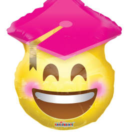 Smiling emoji balloon with a pink graduation cap