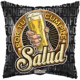 Black beer-themed balloon with a hand holding a pint and the word "Salud"