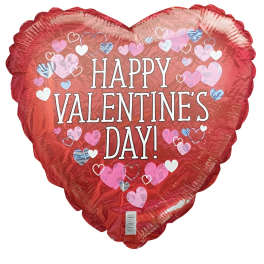 Heart-shaped red Valentine’s Day balloon with printed hearts and text