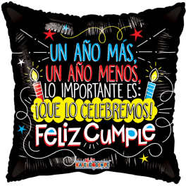 Black square balloon with colorful Spanish birthday text and candle graphics