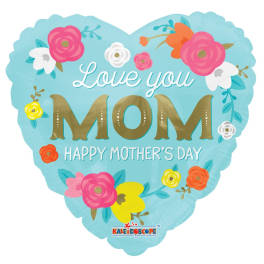 Heart-shaped Mother's Day balloon with floral graphics and "Love you MOM" text