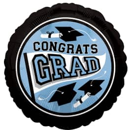 Black graduation balloon with "Congrats Grad" text and cap icons