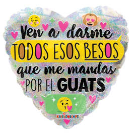 Heart-shaped foil balloon with Spanish text and emoji graphics