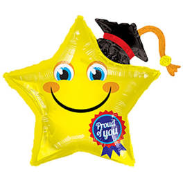 Yellow star-shaped graduation balloon with a cap and "Proud of You" badge