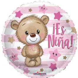 Round pink and white balloon with a teddy bear and "it's Niña!" text
