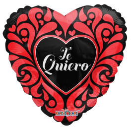 Heart-shaped red and black balloon with "Te Quiero" text
