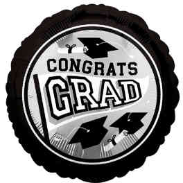 Round black and silver graduation balloon with "Congrats Grad" text