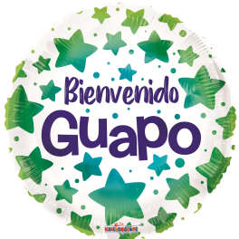 Round balloon with "Bienvenido Guapo" text and green star pattern