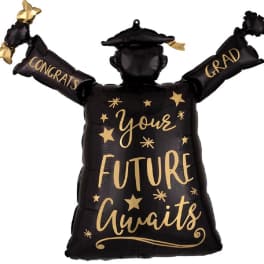 Black graduation balloon shaped like a cap and gown with gold lettering.