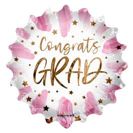 Round pink and white foil balloon reading Congrats Grad