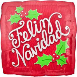 Red balloon with white "Feliz Navidad" text and holly decorations