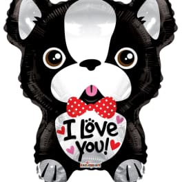Black and white dog-shaped balloon with "I Love You!" text