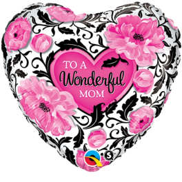 Heart-shaped balloon with pink flowers and the words "To a Wonderful Mom"