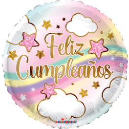 Round pastel birthday balloon with clouds, stars, and "Feliz Cumpleaños" text