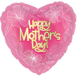 Pink heart-shaped Mother's Day balloon with floral line art