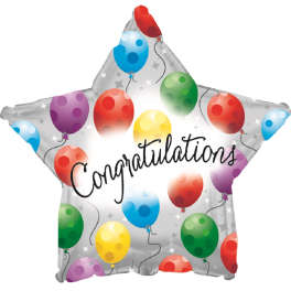 Star-shaped balloon with colorful balloons and "Congratulations" text