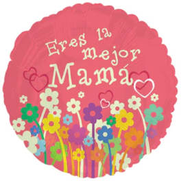 Pink balloon with "Eres la Mejor Mamá" and colorful flower graphics