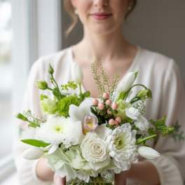 White bouquet in a glass vase held by a woman