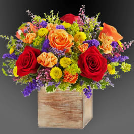 Bouquet of red, orange, yellow, and purple flowers in a wooden box