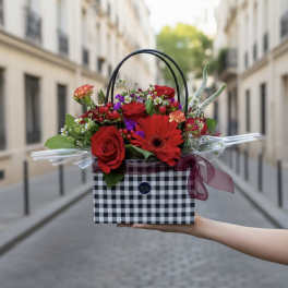 Red rose and gerbera bouquet in a checkered gift box