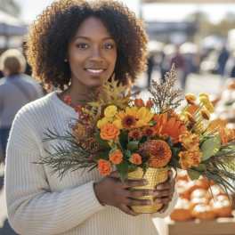 Woman holding an autumn bouquet in a woven basket