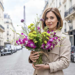 Woman holding a bouquet of purple and green flowers in a glass vase
