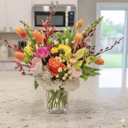 Colorful mixed bouquet in a clear glass vase