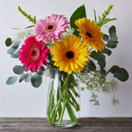 Bouquet of pink, yellow, and orange gerbera daisies in a clear glass vase