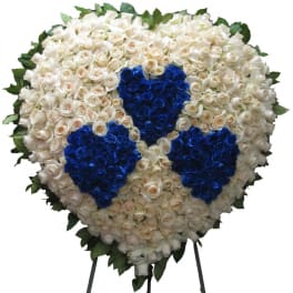 Heart-shaped floral tribute of white and blue roses on a stand