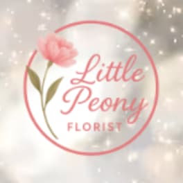 Pink flower logo with the words Little Peony Florist