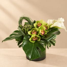 Green orchid and calla lily arrangement in a dark vase