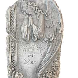 Stone angel memorial plaque with the words Remembered with Love