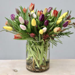 Mixed tulips in a clear glass vase with pebbles