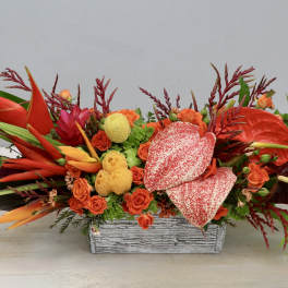 Tropical floral arrangement with orange and red blooms in a rectangular container