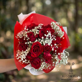 Bouquet of red roses with white baby's breath in red and white wrap