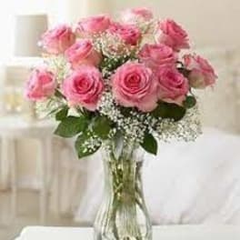 Dozen Pink Roses In Vase
