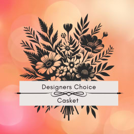 Graphic floral bouquet with a label reading Designers Choice Casket